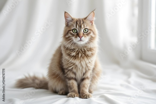 Portrait of a cute fluffy cat with mesmerizing green eyes gazing directly at the camera