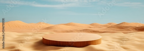 A podium made of shifting sand dunes in a vast desert, with a mirage on the horizon.