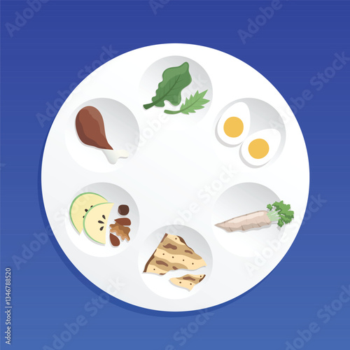 Seder Pesach Plate, Israeli Holiday Passover square greeting card in blue and white colors: white plate with symbolic food: eggs, matzah, meat, parsley, bitter herbs, horseradish, apples and nuts.