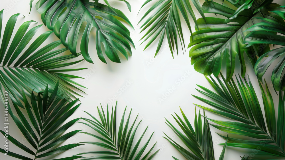 Lush palm and monstera leaf frame on soft background
Lush palm and monstera leaf frame on soft background