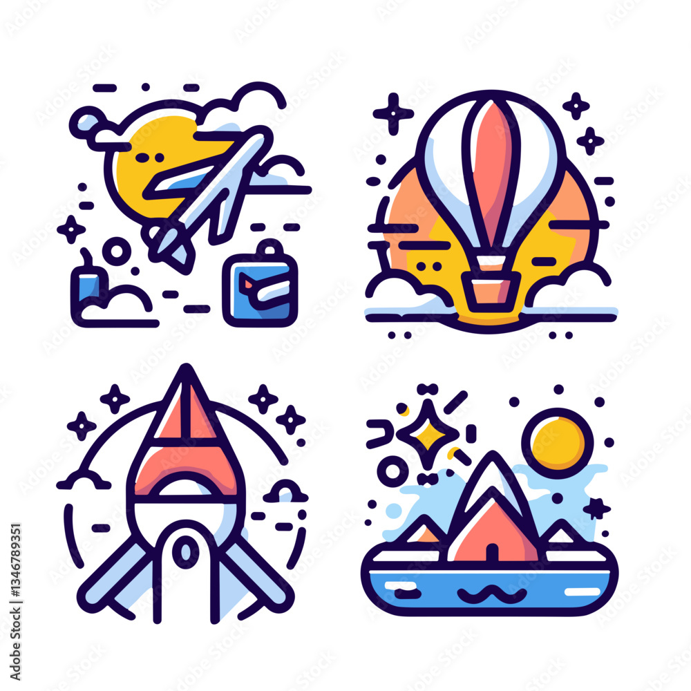 Travel-themed illustrations featuring airplanes, hot air balloons, and mountains. Adventure in the sky Travel-themed illustrations featuring airplanes, hot air balloons, and mountains. Adventure in the sky
