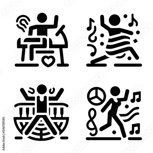 Abstract figures dancing and exercising on a white background, dance workout