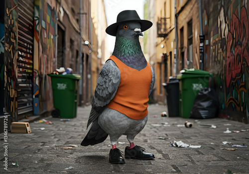 Pigeon Street Character with Hat and Shoes in Urban Alley