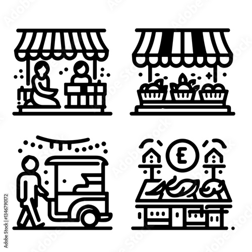 Market scenes showcasing vendors and shoppers on a lively street. Open-air market  