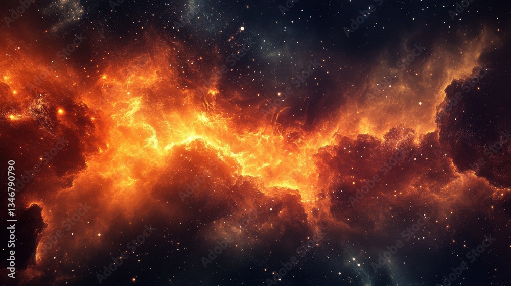 Obraz premium Fiery Nebula in Deep Space - High-Contrast Orange Galaxy with Stars and Cosmic Clouds