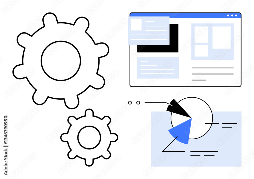 Gears symbolizing process automation, browser window with design interface, and analytics chart. Ideal for teamwork, innovation, productivity, strategy, technology workflow optimization. Flat Gears symbolizing process automation, browser window with design interface, and analytics chart. Ideal for teamwork, innovation, productivity, strategy, technology workflow optimization. Flat
