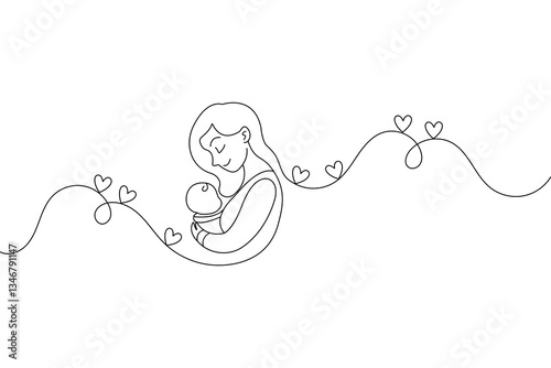 Mother and baby continuous single line art and isolated outline vector illustration
