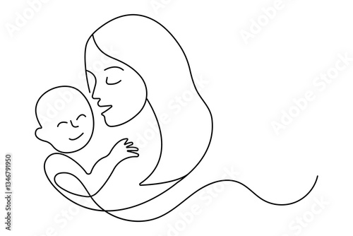 Mother and baby continuous single line art and isolated outline vector illustration

