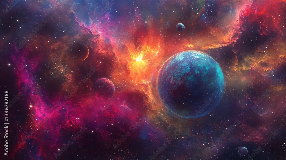 Vibrant nebula with planets, cosmic dust, and fiery explosions. Vibrant nebula with planets, cosmic dust, and fiery explosions.
