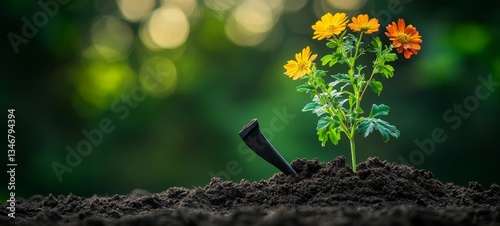 Obraz na płótnie Surreal Blooming Spade, Gardening tools w salonie