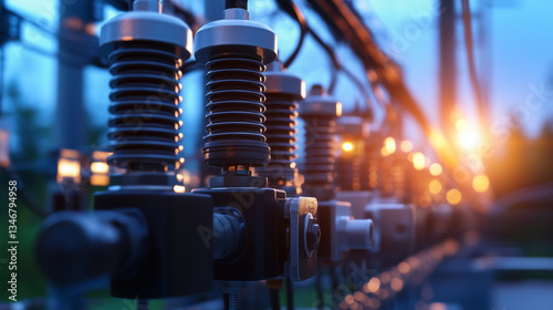 A close-up of high-voltage transformer bushings and insulators at an electrical substation, highlighting intricate design and power flow control.