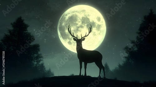A mystical deer with luminous crystal antlers standing in an enchanted forest under an enormous glowing moon