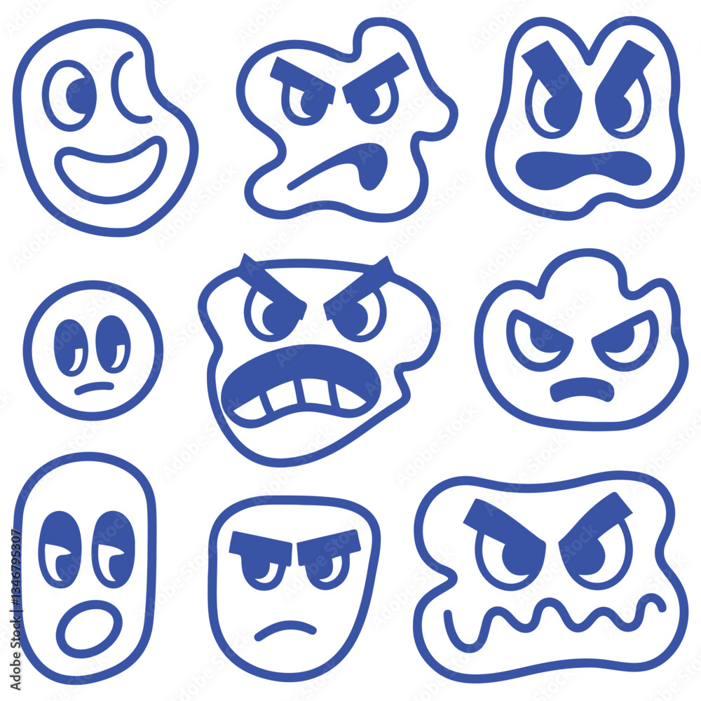 Fototapeta premium Vector faces, abstract design outline - y2k stickers and badges, happy, angry expressions, stickers, and outline icons with different face expressions. with white background