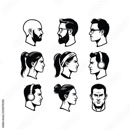 People avatars in circles Simple Man Head Icon Set icon set, icon symbol, human body part, client, cut out, females, horizontal, internet, occupation, user, women, african ethnicity, asian and indian 
