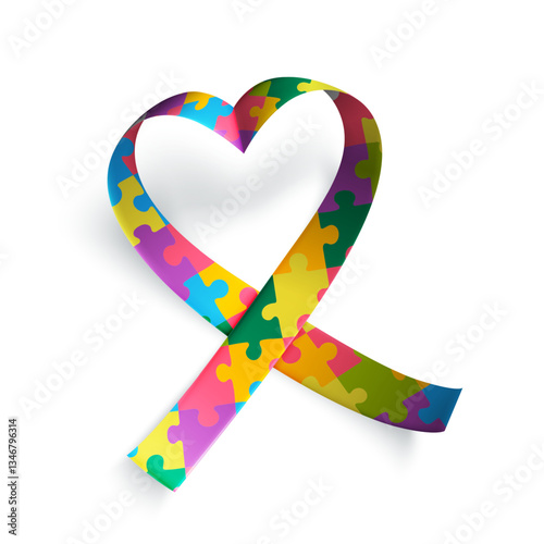 Realistic puzzle ribbon. Heart shaped Symbol of world awareness Autism Spectrum Disorder day, 2 of april. Design template, vector illustration