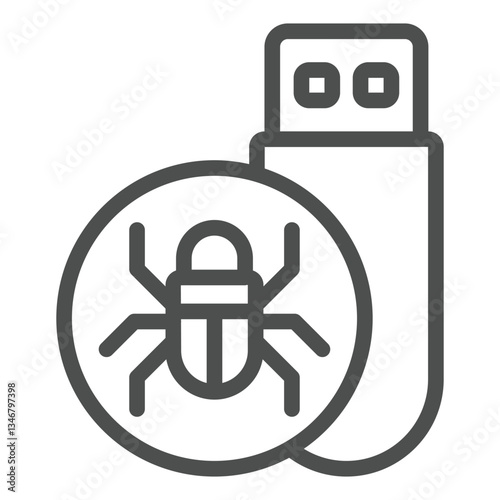 Flash drive with virus line icon, hacker attacks concept. Vector graphics. Hacker exploit, bug on pen drive sign on white background, outline style icon for mobile or web design.