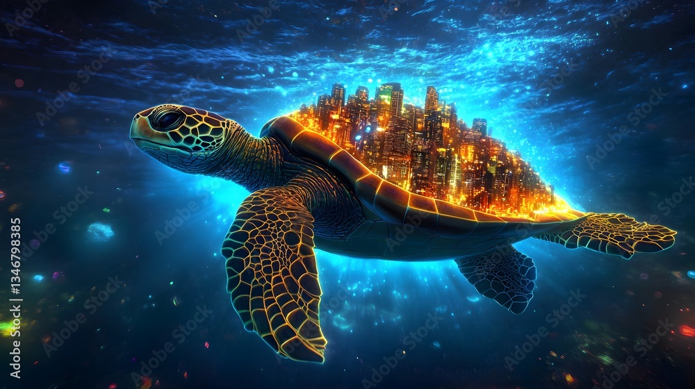 Fototapeta premium A giant turtle with a futuristic city built upon its shell, swimming through a neon cyber ocean