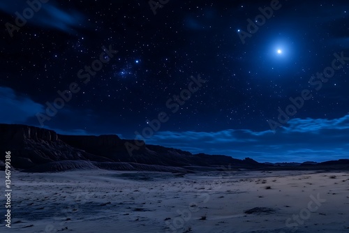 Spellbinding pull of a desert view shining in celestial glow of a moon night where stars sparkle like divine jewels in boundless heavens  
