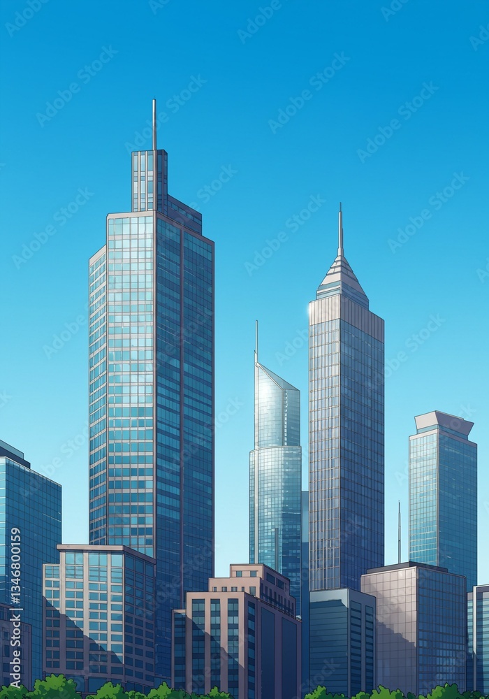 Obraz premium Impressive cartoon cityscape with tall buildings. Modern city skyscrapers and urban architecture background for real estate website, blog. Banner for architectural bureau. Downtown business district.