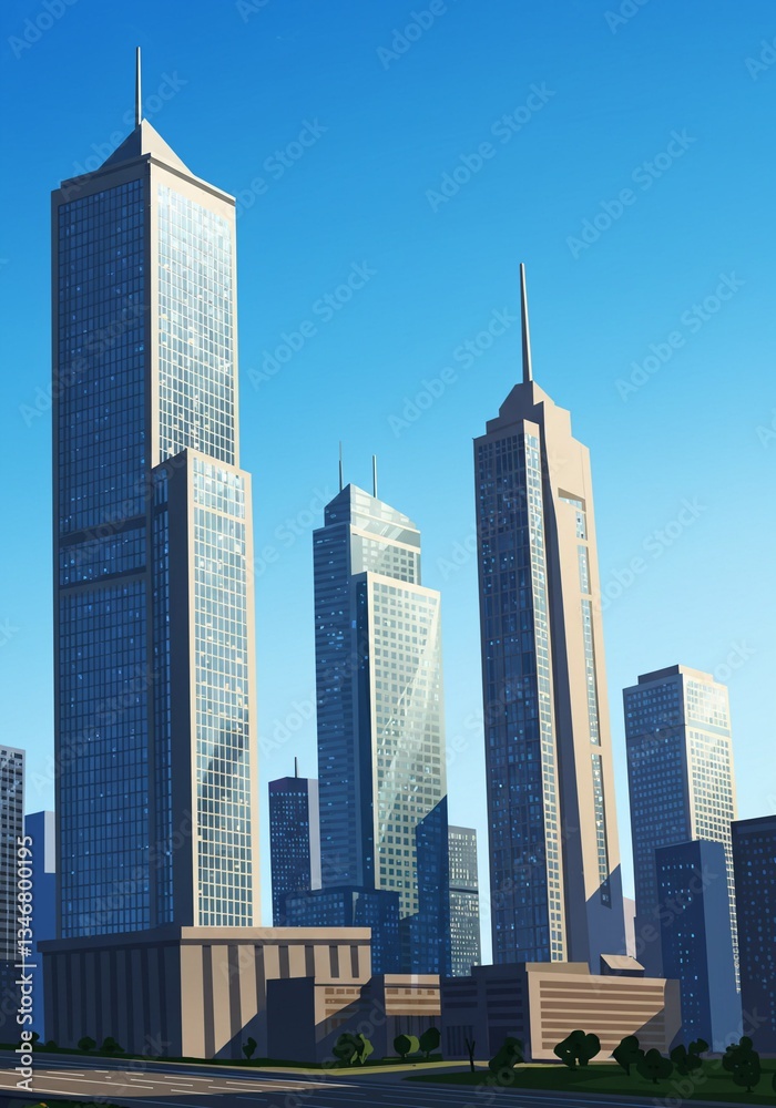 Fototapeta premium Impressive cartoon cityscape with tall buildings. Modern city skyscrapers and urban architecture background for real estate website, blog. Banner for architectural bureau. Downtown business district.