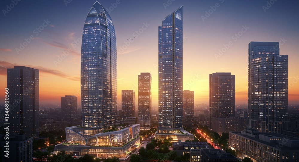Obraz premium Modern skyscrapers at sunset. Residential architecture design for urban development. Property and real estate investment. Cityscape panorama with tall buildings. Architecture in the evening background