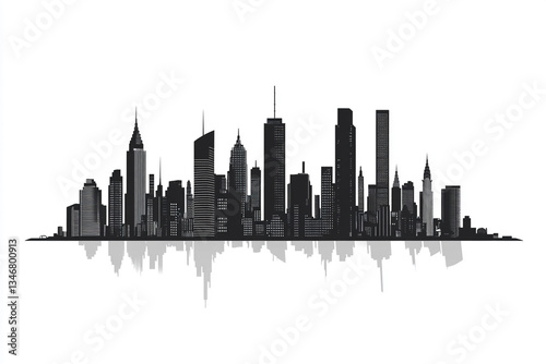 Wallpaper Mural 
A black-and-white city skyline with distinct skyscrapers and buildings, reflected symmetrically in a water-like surface, offering a bold and modern aesthetic. Torontodigital.ca