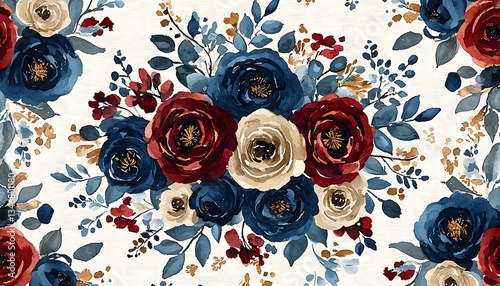 Fototapeta Naklejka Na Ścianę i Meble -  Watercolor Floral Pattern, Burgundy Blue Cream
