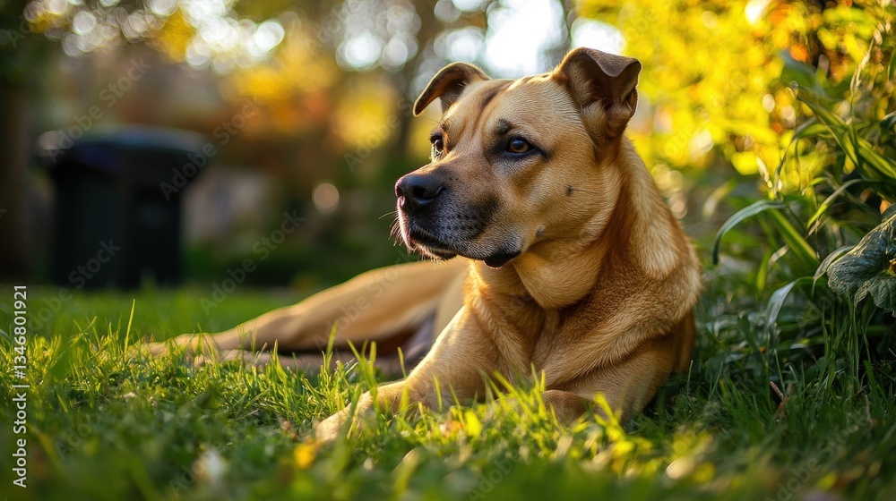 A brown dog is relaxing on the green grass outside A brown dog is relaxing on the green grass outside