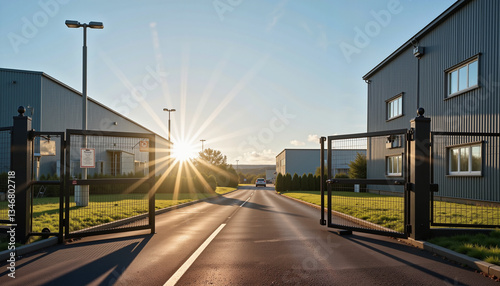 Bright factory entrance with security gates at sunset, industrial readiness