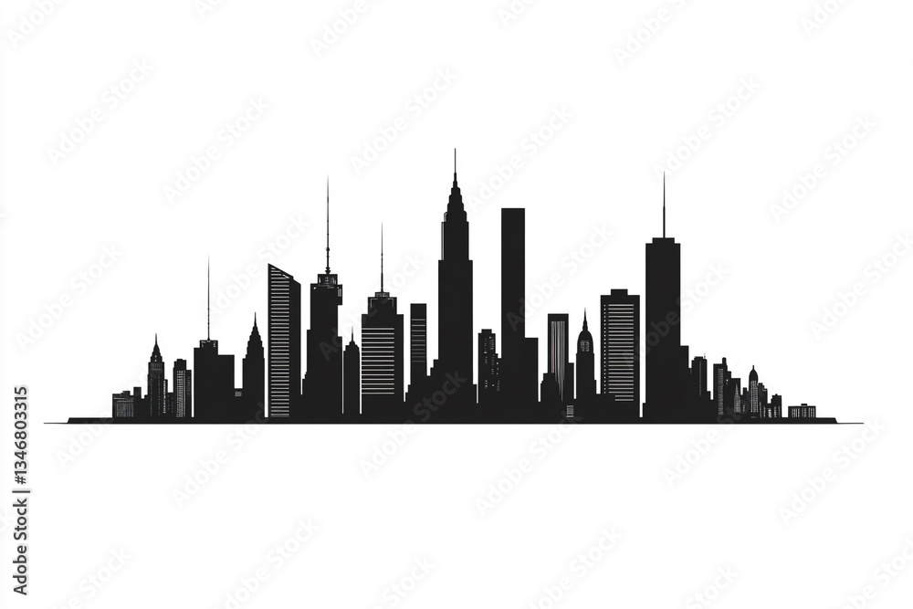 Naklejka premium A black-and-white city skyline with distinct skyscrapers and buildings, reflected symmetrically in a water-like surface, offering a bold and modern aesthetic.