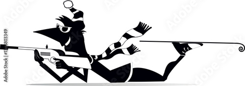 Biathlon competitor man. 
Biathlon competitor man shooting from the lying position. Black and white illustration
