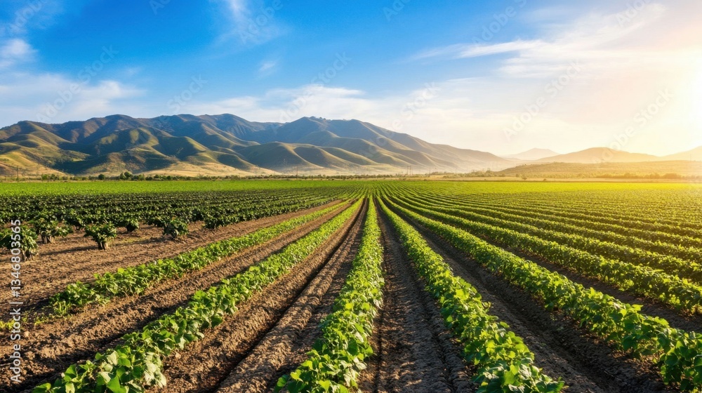 Solar Powered Irrigation Field with Scenic Mountain Landscape Solar Powered Irrigation Field with Scenic Mountain Landscape