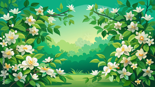 Beautiful spring border, blooming jasmine bush on a green background. Soft selective focus;
