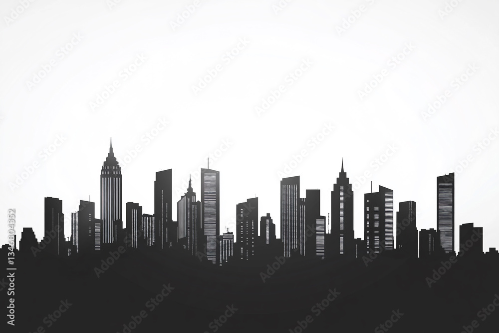 Naklejka premium A black-and-white city skyline with distinct skyscrapers and buildings, reflected symmetrically in a water-like surface, offering a bold and modern aesthetic.