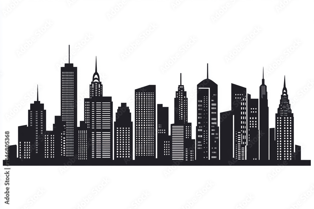 Naklejka premium A black-and-white city skyline with distinct skyscrapers and buildings, reflected symmetrically in a water-like surface, offering a bold and modern aesthetic.