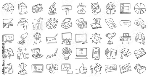 collection of educational and technology themed icons including books, computers, and scientific tools