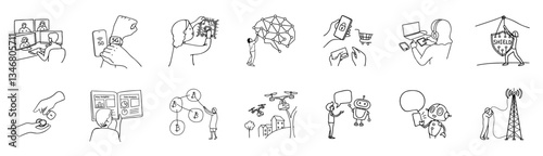 series of line drawings depicting digital transformation concepts, including online meetings, cryptocurrency, and AI