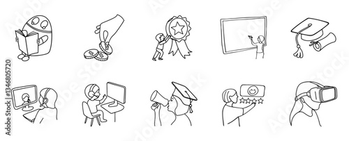 Line art of online learning concepts including reading, earning, achievement, teaching, graduation, video call, computer use, announcement