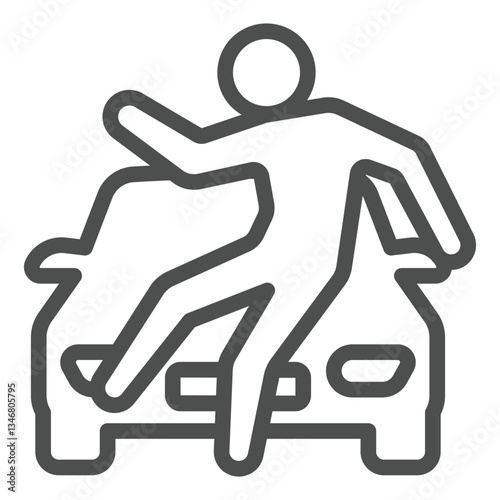 Car hitting human line icon, insurance event concept. Vector graphics. Automobile crash with man sign on white background, outline style icon for mobile or web design.