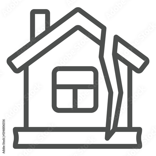 Destroyed home house line icon, insurance event concept. Vector graphics. Cottage building foundation breakdown sign on white background, outline style icon for mobile or web design.