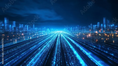 Futuristic city highway at night with glowing lines.