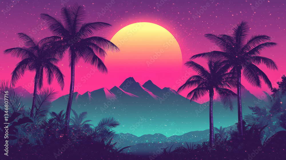 Fototapeta premium Synthwave Sunset Tropical Landscape