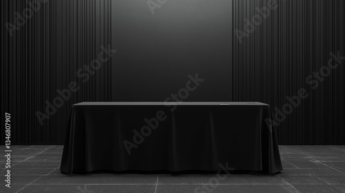 Black table with tablecloth in minimalist interior setting