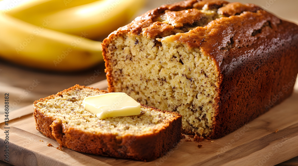 baked loaf of banana bread sliced and served with butter on a wooden cutting board baked loaf of banana bread sliced and served with butter on a wooden cutting board