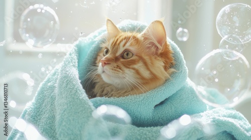 Copy space Cute beautiful cat after bath. Cat wrapped in light blue towel. Cat grooming concept. Place for text. High quality photo On white background and bubbles around
