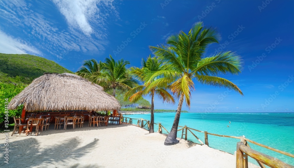 Tropical beach bar paradise with palm trees and turquoise waters Tropical beach bar paradise with palm trees and turquoise waters