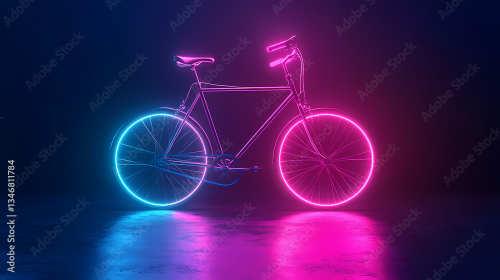 Fototapeta premium Neon Bicycle: A stunning neon-lit bicycle glows in a studio setting, creating a vibrant and dynamic image. The interplay of light and form showcases the sleek design of the cycle.