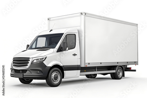 A white delivery truck with a boxy cargo area and black accents