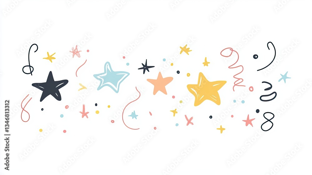 Fototapeta premium Playful doodle stars and confetti illustration, colorful decorative elements for festive and creative designs