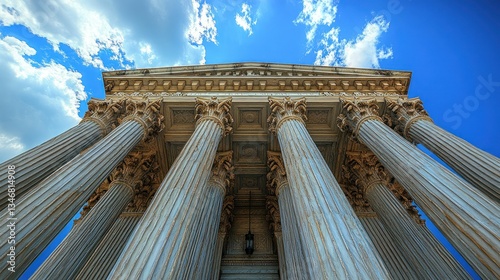 Low angle view of classical columns and ornate facade of building under a partly cloudy sky. Ideal for use in architecture, history, or travel publications